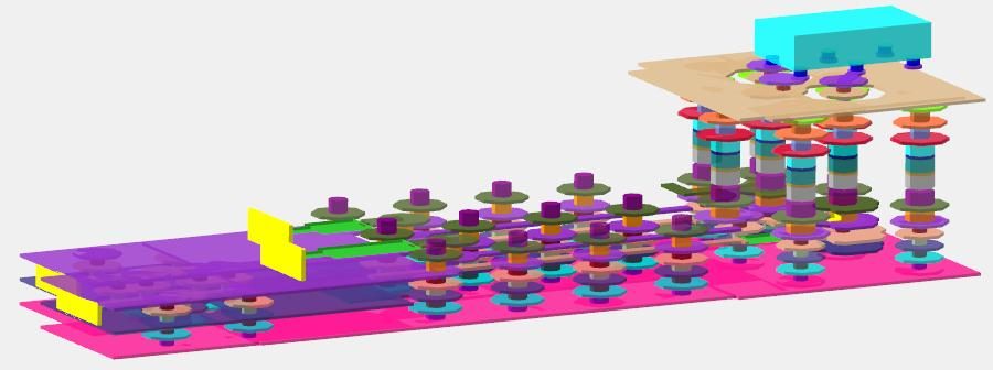 Inside a power-amplifier functional block from the MRDF library — a frequency-customizable 3D layout from Emtera's custom design suite.